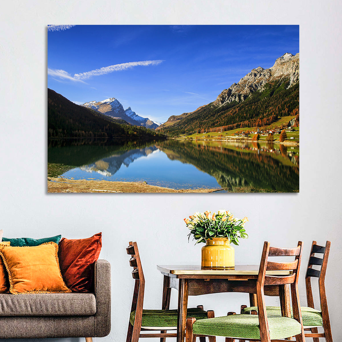 Lake Sils Morning Reflection Wall Art in a room, landscape