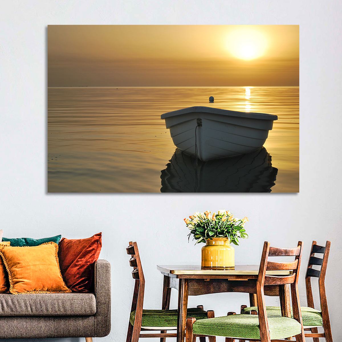 White Rowboat on Golden Sea Wall Art