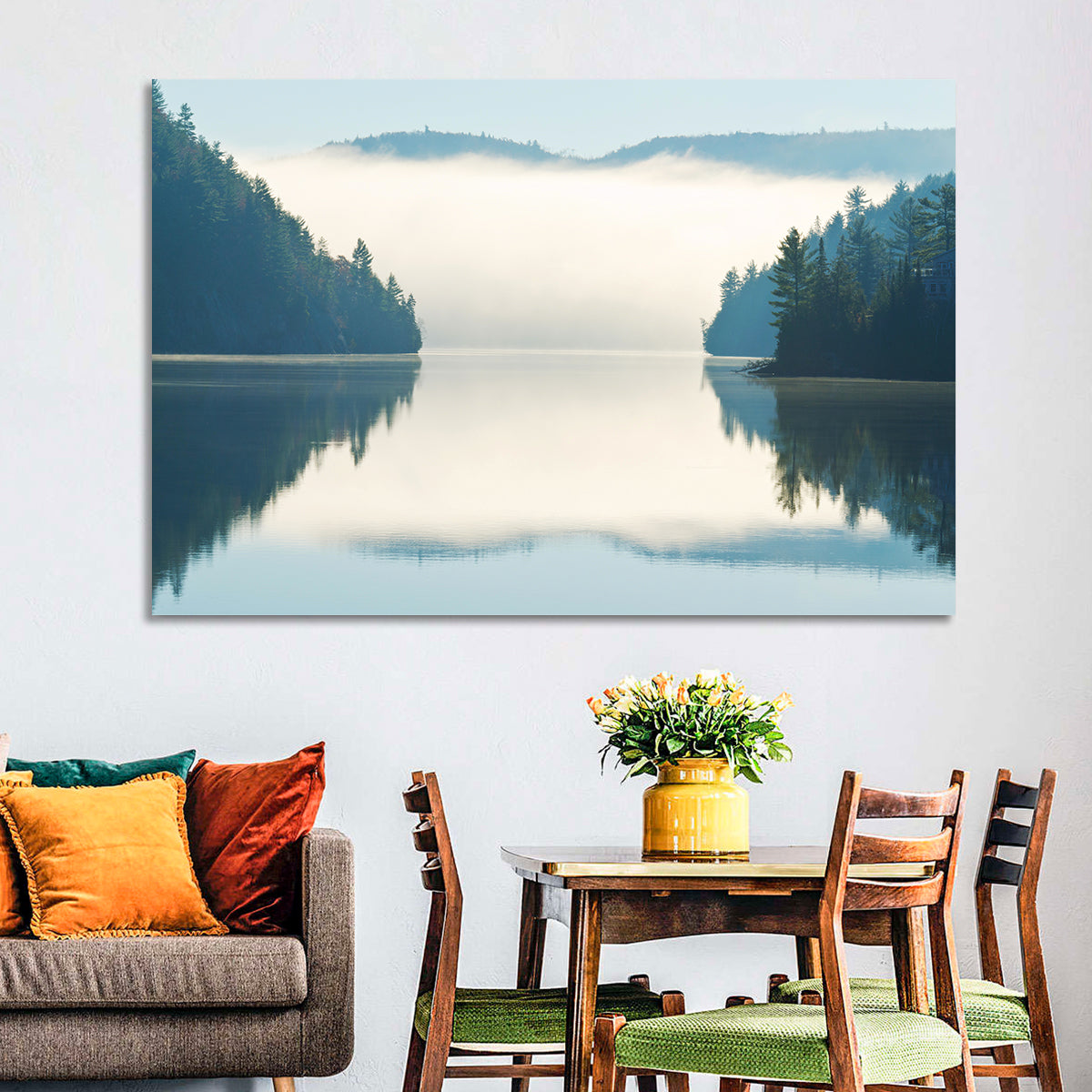 Foggy Lake Morning Wall Art in a room, landscape