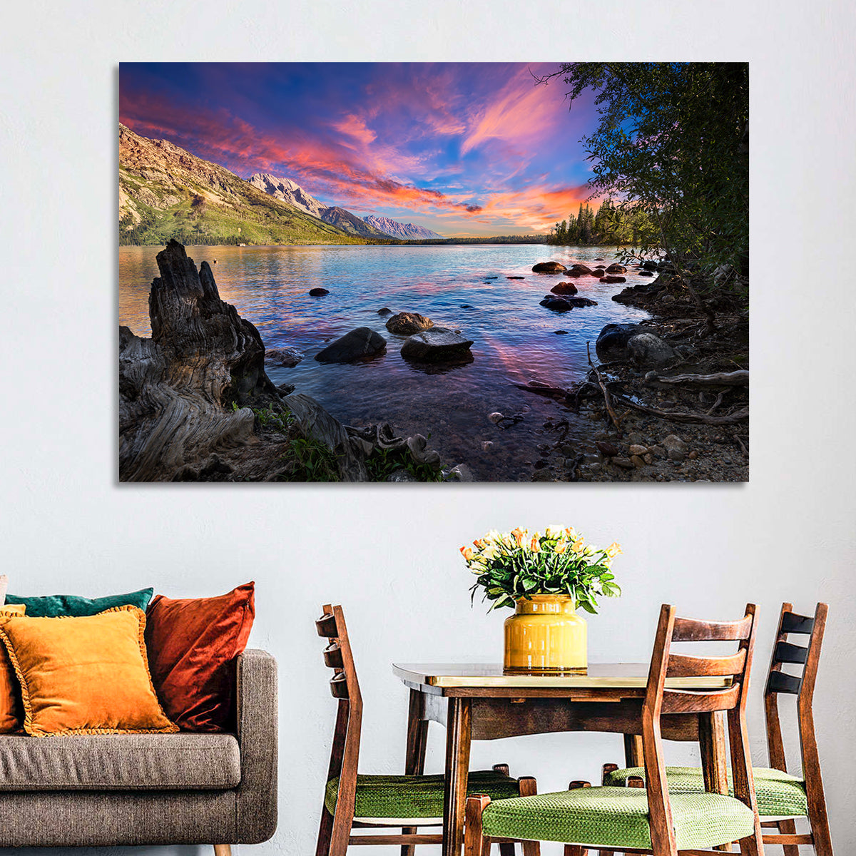 Jenny Lake Sunset Wall Art in a room, landscape