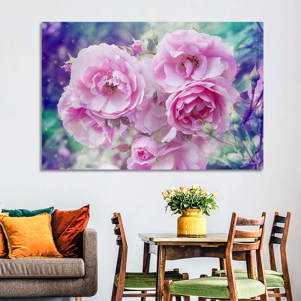 Springtime Pink Rose Cluster Wall Art in a room, landscape