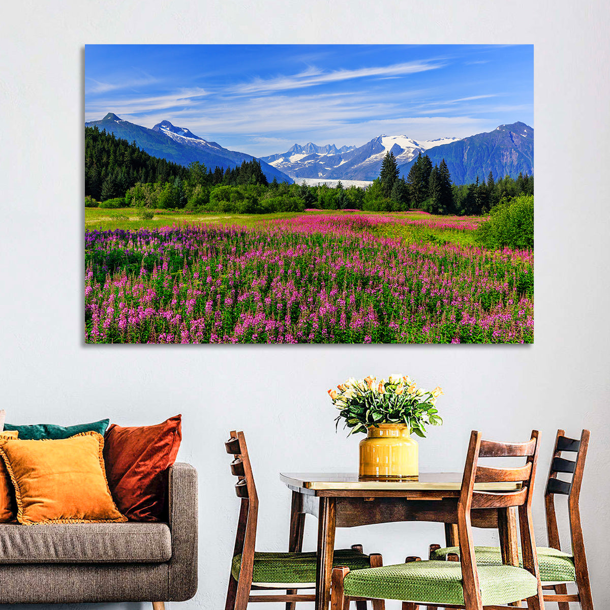 Juneau Meadow with Mendenhall Glacier Wall Art in a room, landscape