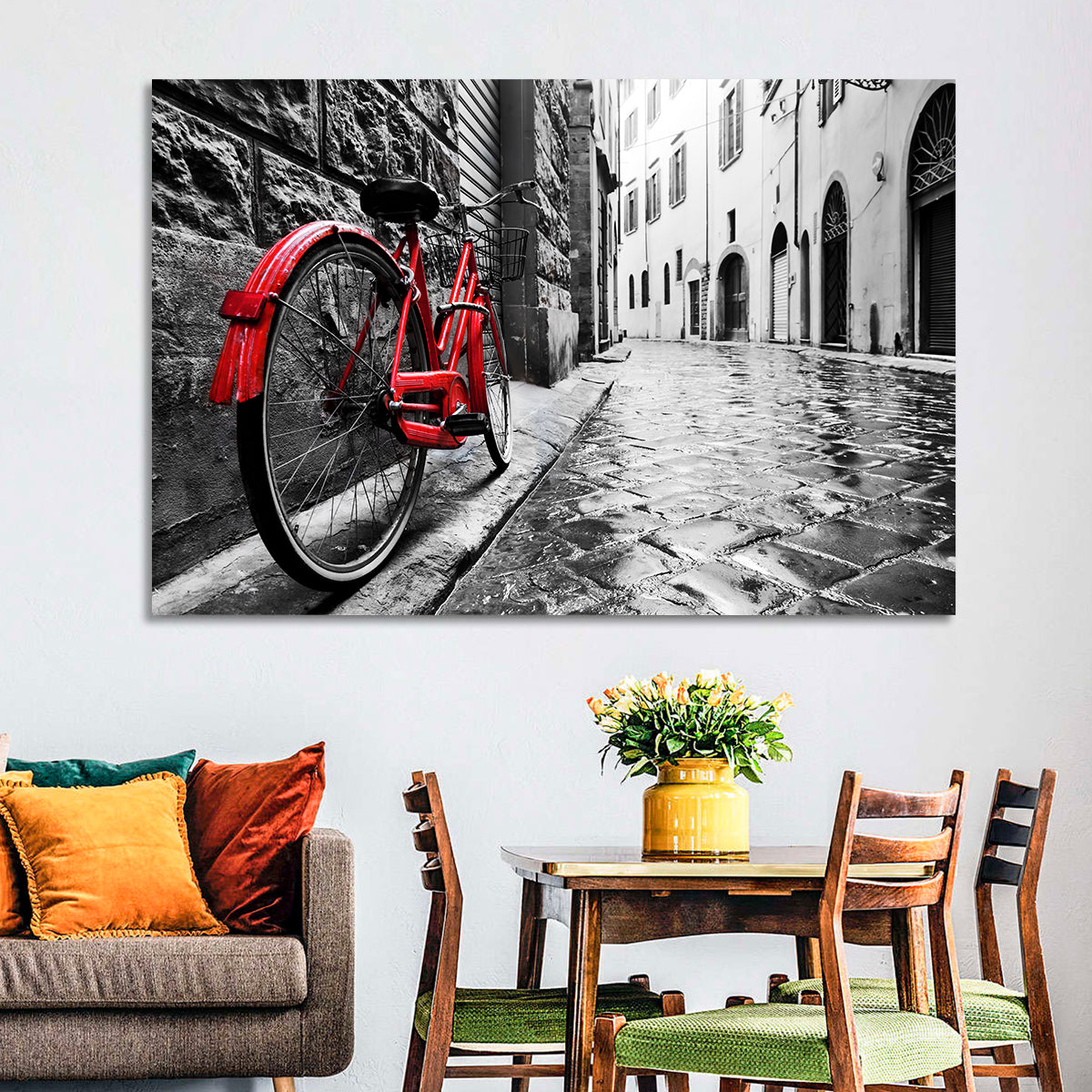 Red Bicycle on Rainy Cobblestone Street Wall Art