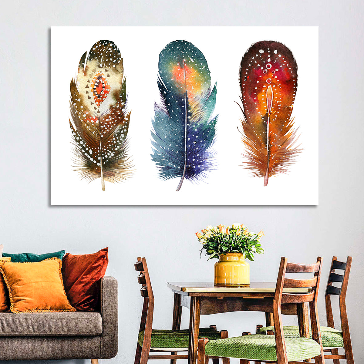 Boho Watercolor Feather Trio Wall Art
