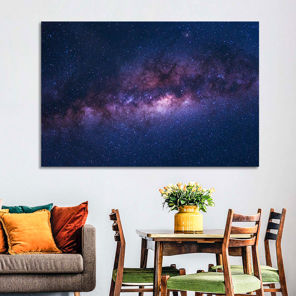 Violet Blue Milky Way Galaxy Wall Art in a room, landscape