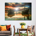 Two Wooden Boats at Sunset Wall Art