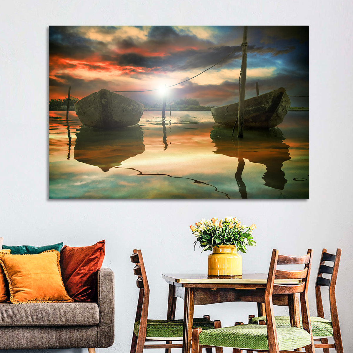 Two Wooden Boats at Sunset Wall Art