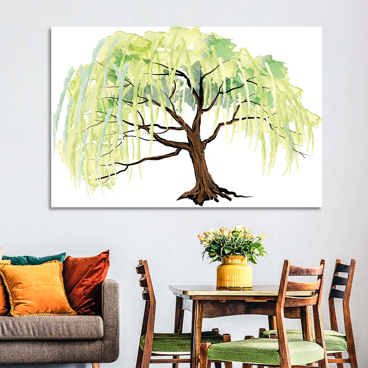Weeping Willow Watercolor Sketch Wall Art in a room, landscape