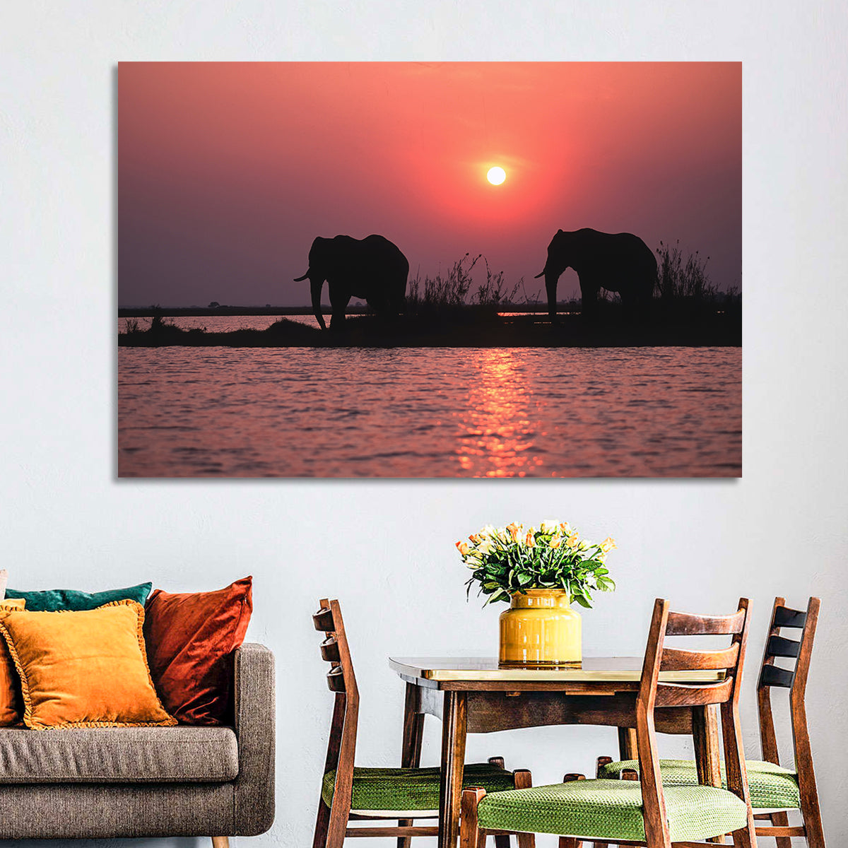 Elephants at Sunset Silhouette Wall Art in a room, landscape