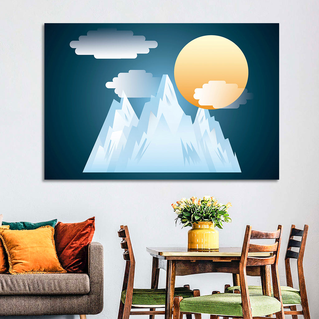 Geometric Snowy Mountain with Golden Sun Wall Art
