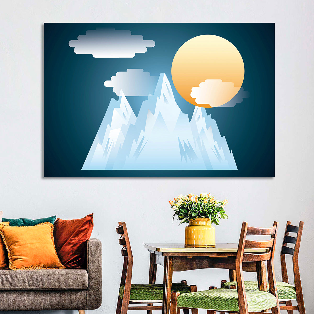Geometric Snowy Mountain with Golden Sun Wall Art
