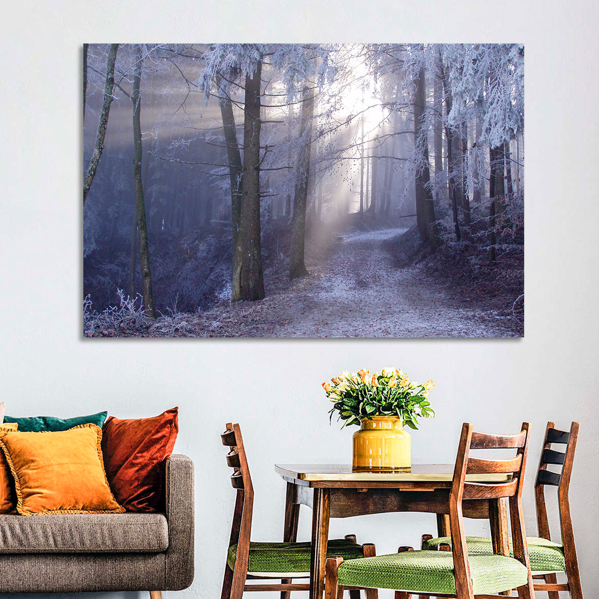 Frosted Forest Path at Dawn Wall Art in a room, landscape