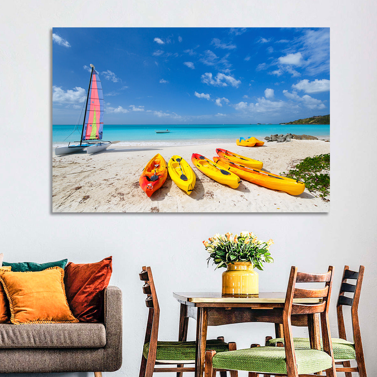 Yellow Kayaks on Tropical Beach Wall Art