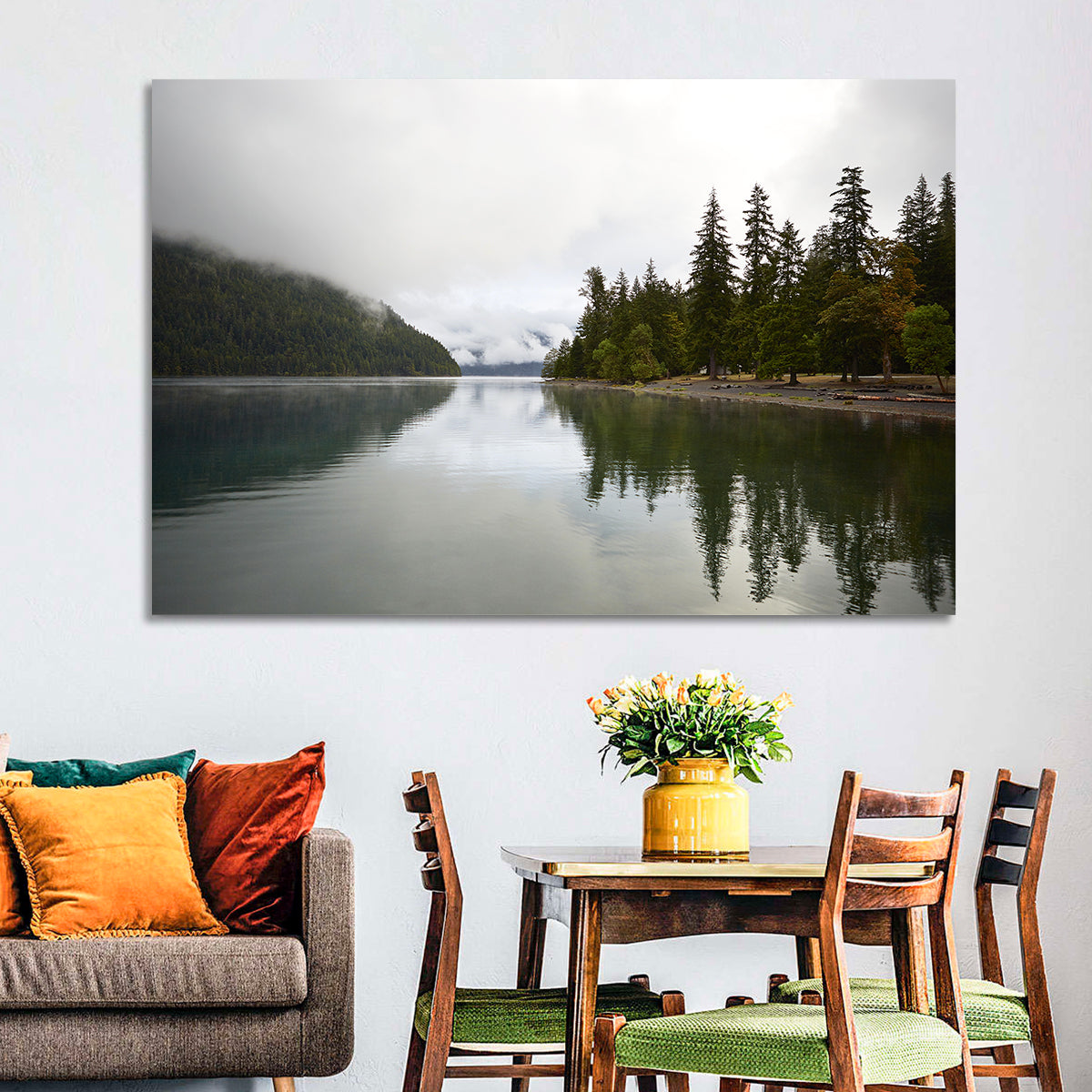 Foggy Lake Crescent Reflection Wall Art in a room, landscape