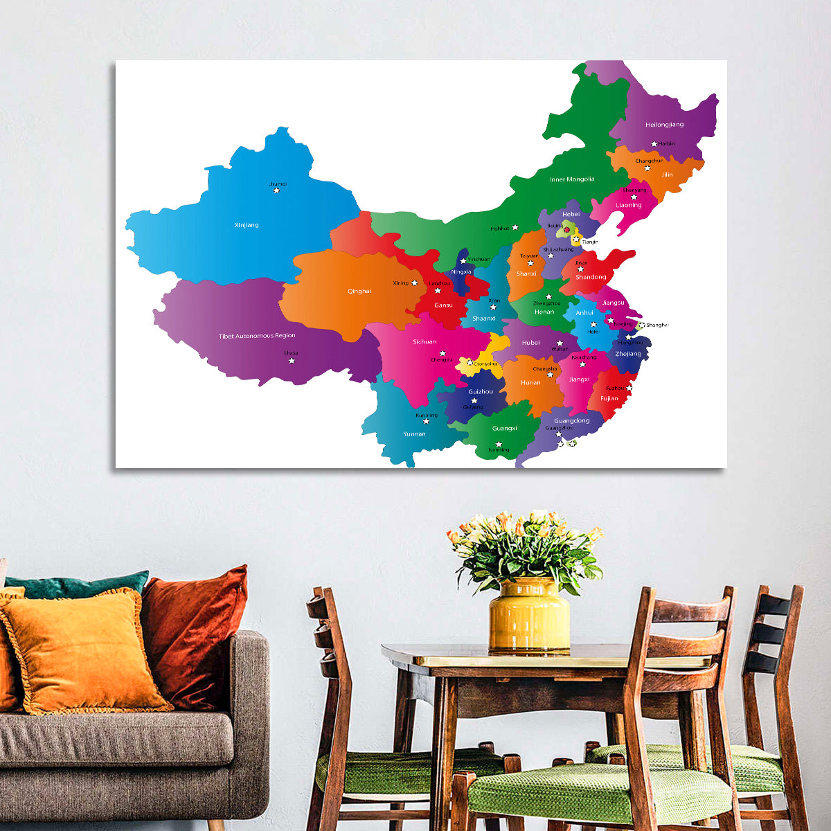 Colorful China Provinces Map Wall Art in a room, landscape