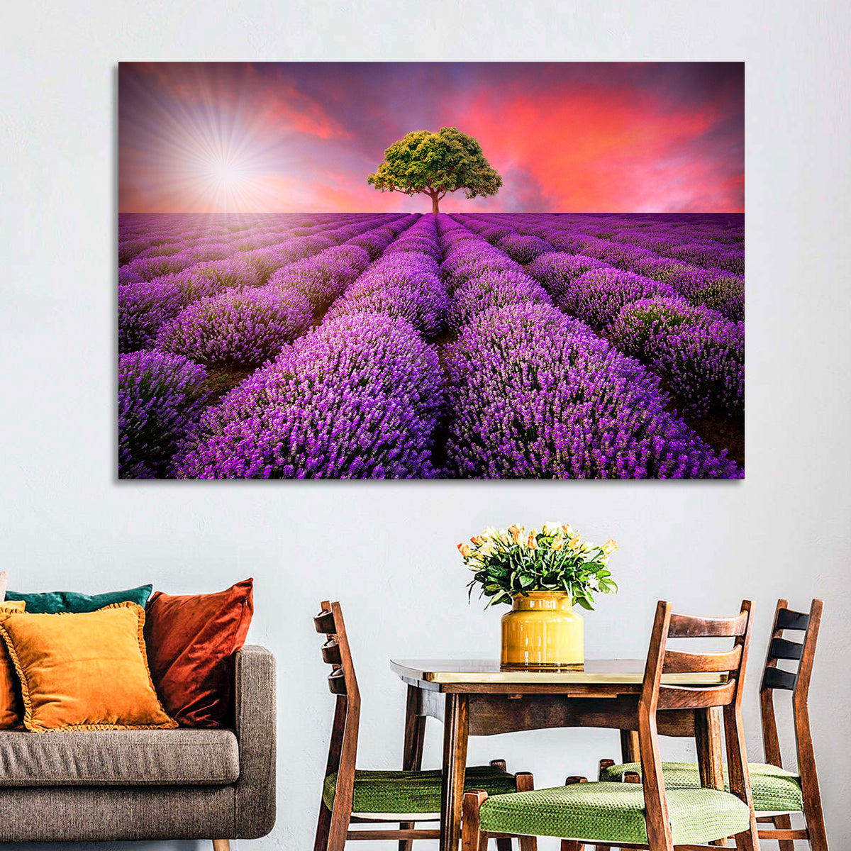 Sunset Over Lavender Fields Wall Art in a room, landscape