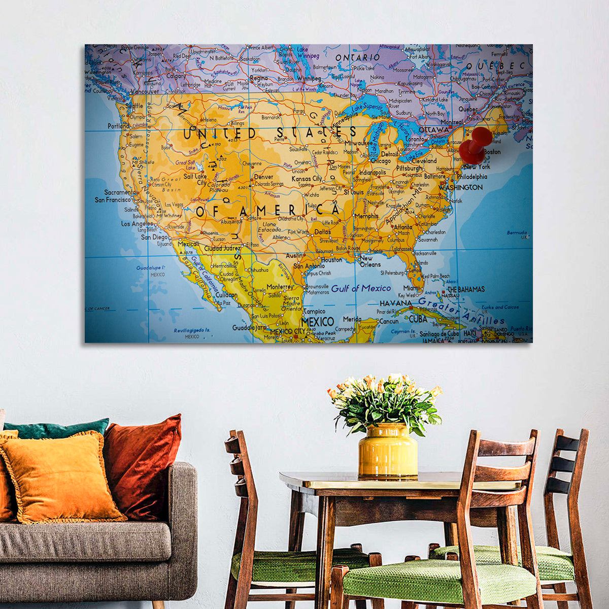 Vintage USA Map with Northeastern Pushpin Wall Art in a room, landscape