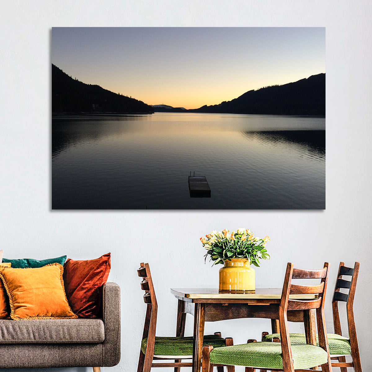 Lake Cushman Dock at Dusk Wall Art in a room, landscape