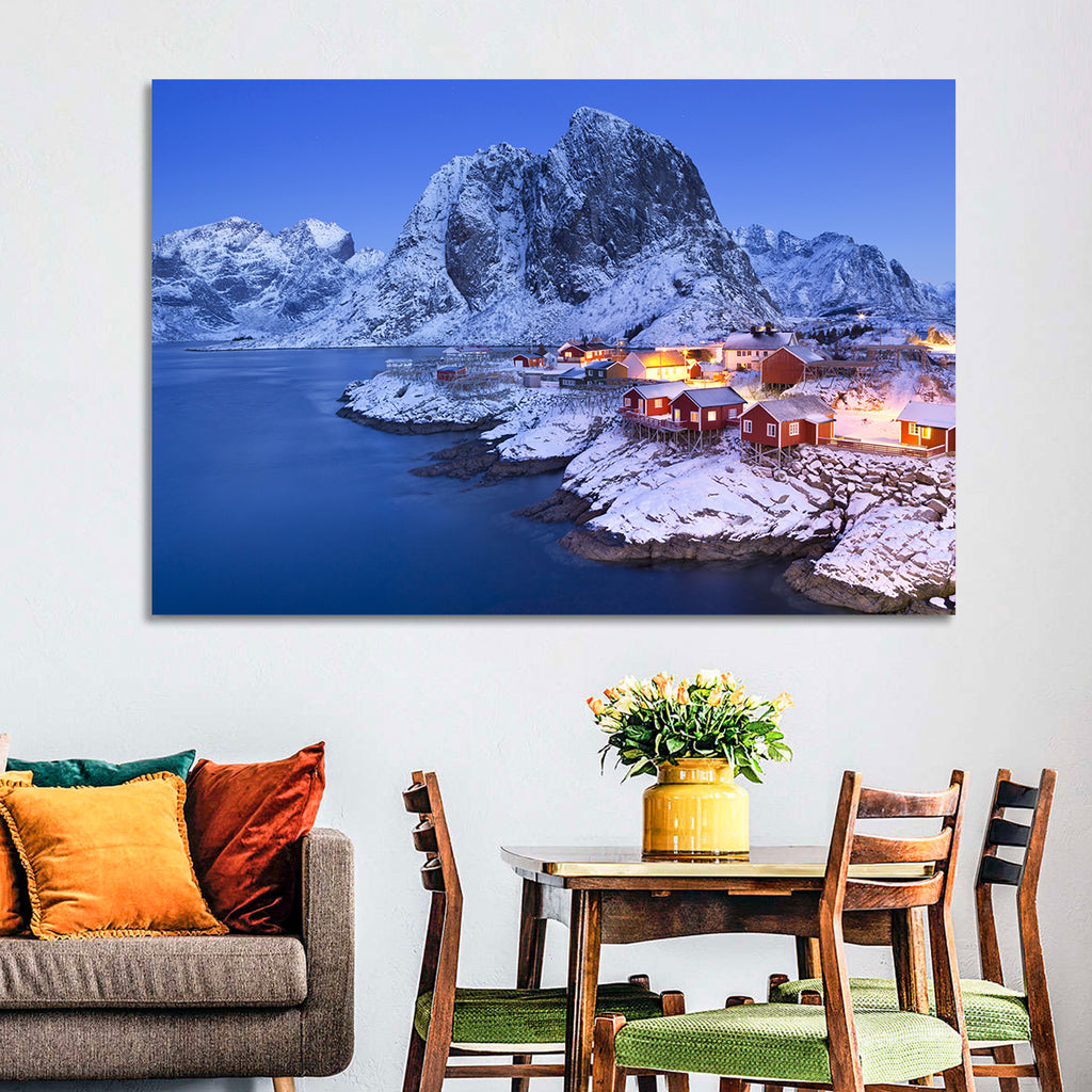 Hamnøy Red Cabins at Winter Dusk Wall Art