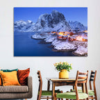 Hamnøy Red Cabins at Winter Dusk Wall Art