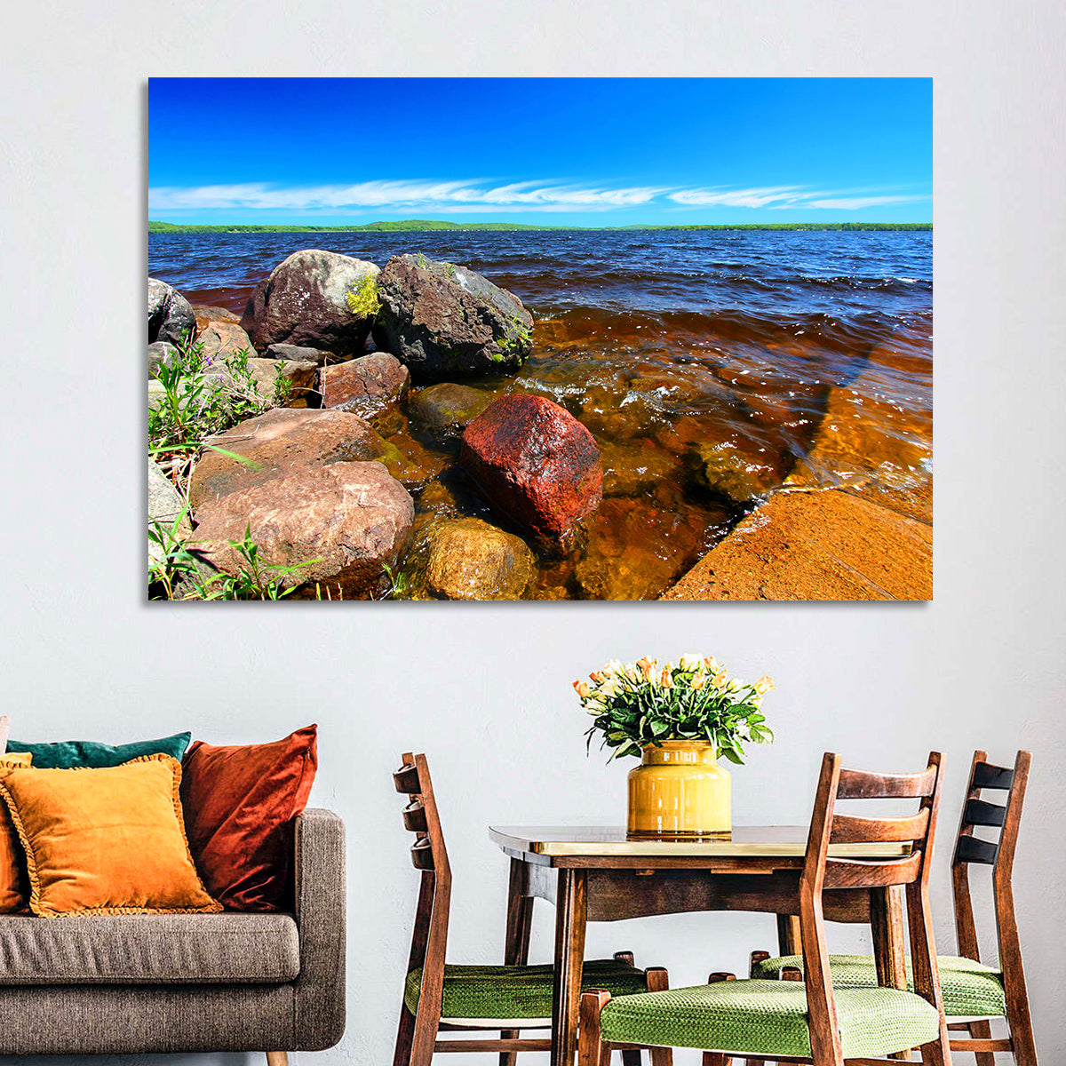 Lake Gogebic Rocky Shoreline Wall Art in a room, landscape