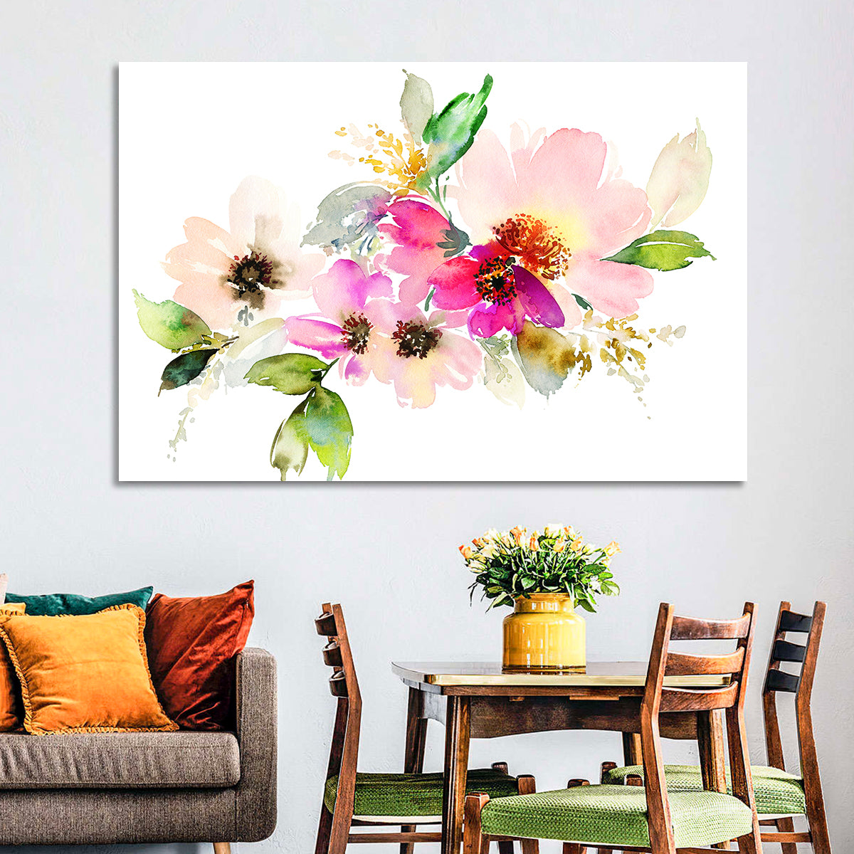 Delicate Pink Floral Watercolor Wall Art in a room, landscape