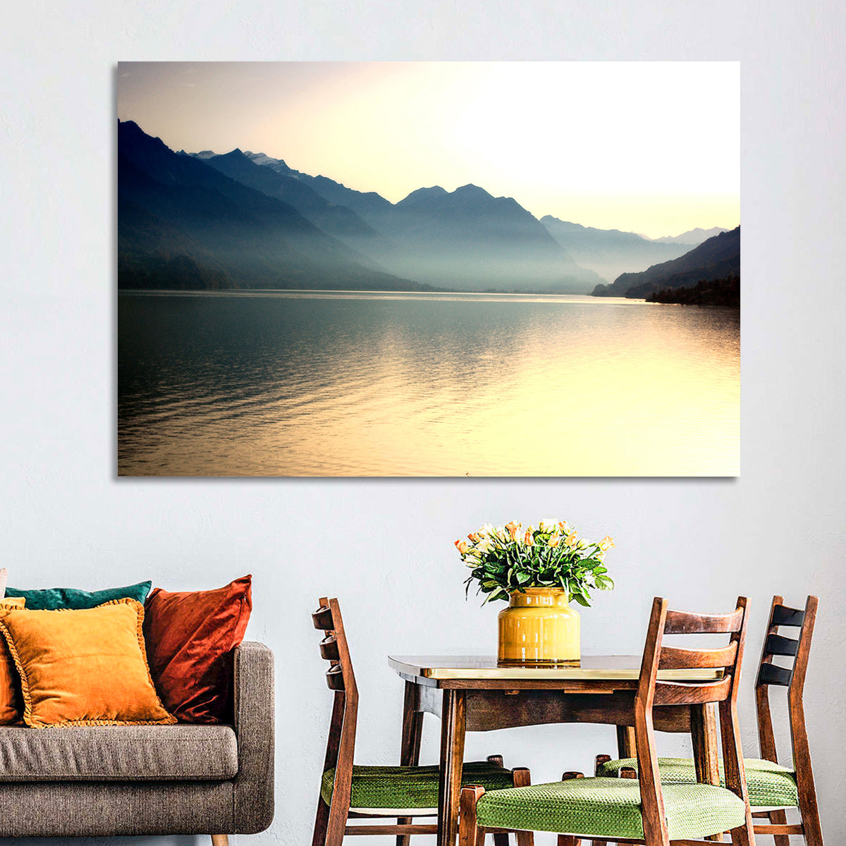 Lake Brienz Sunset Wall Art in a room, landscape