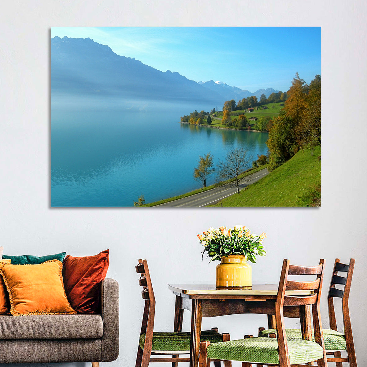 Lake Brienz Misty Shoreline Wall Art in a room, landscape