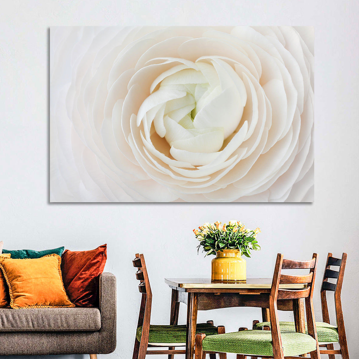 Peach Ranunculus Macro Bloom Wall Art in a room, landscape