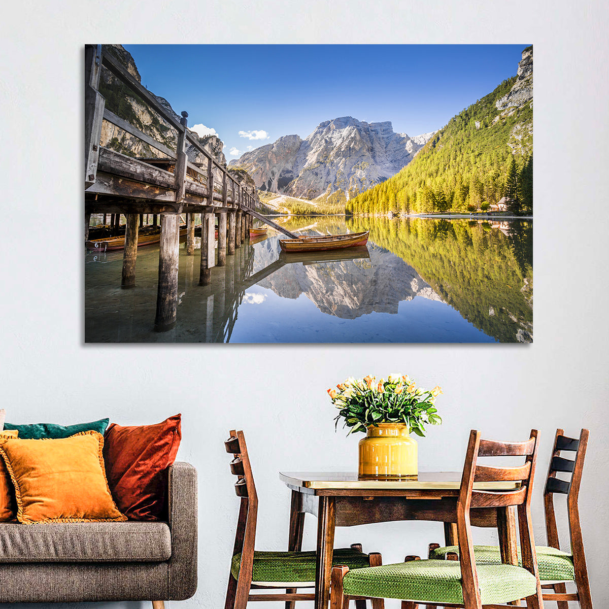 Lago Di Braies Pier Wall Art in a room, landscape