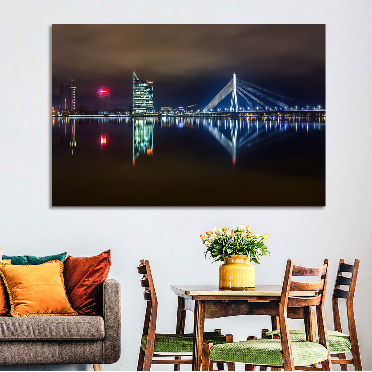 Vanšu Bridge Night Skyline Wall Art in a room, landscape