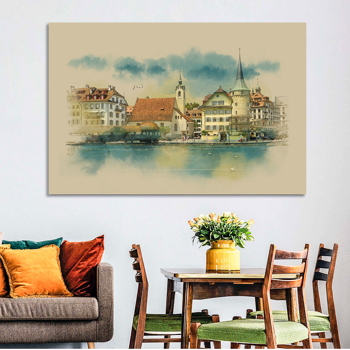 Lucerne Waterfront Sketch Wall Art in a room, landscape