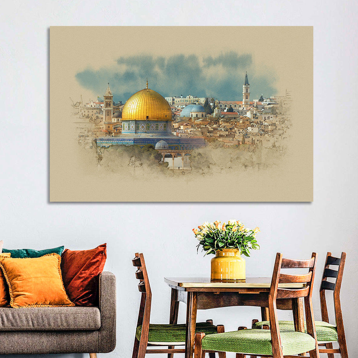 Dome of the Rock Watercolor Study Wall Art in a room, landscape