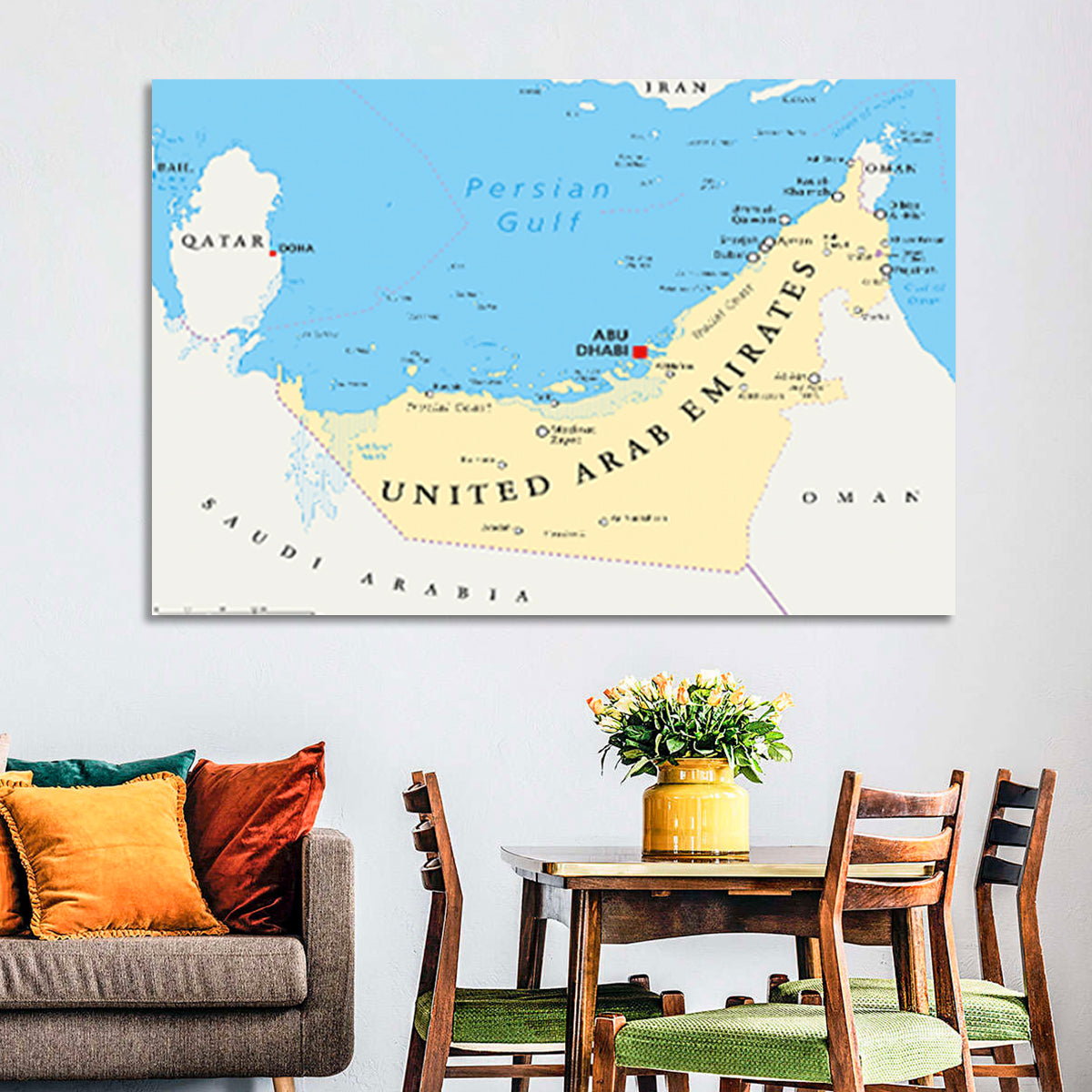 UAE Political Map Wall Art in a room, landscape
