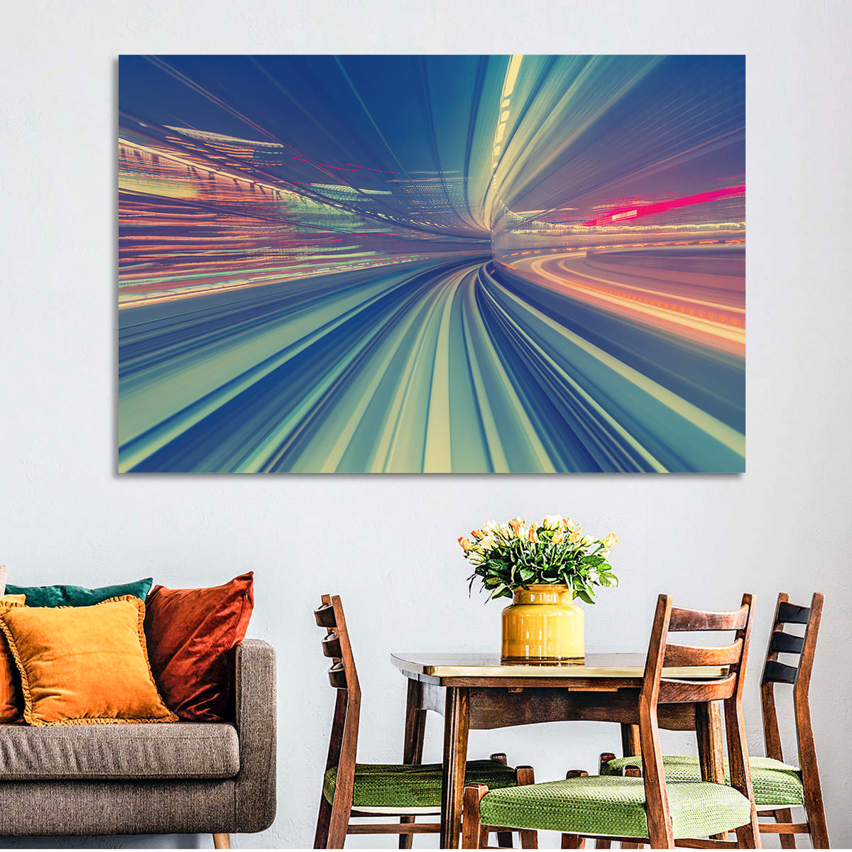 Monorail Night Light Trails Wall Art in a room, landscape