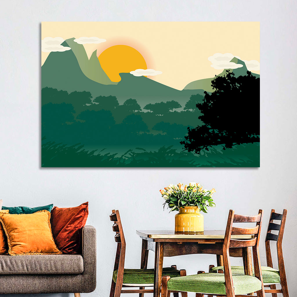 Geometric Mountain Forest Sunrise Wall Art