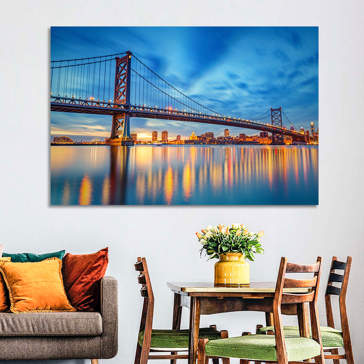 Benjamin Franklin Bridge Twilight Wall Art in a room, landscape