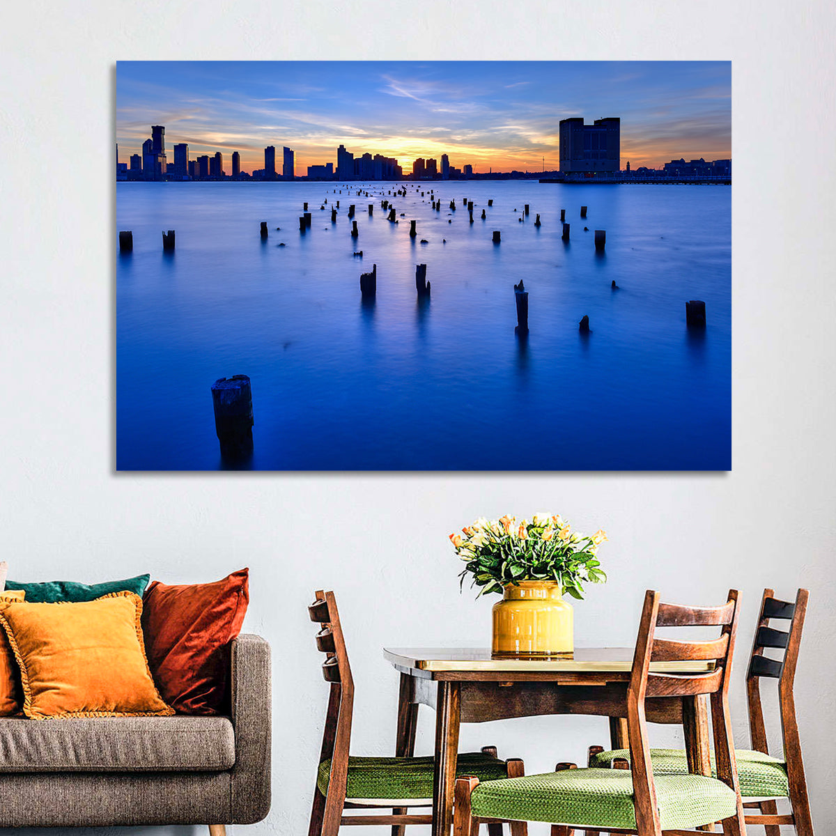 Jersey City Skyline at Dusk Wall Art in a room, landscape