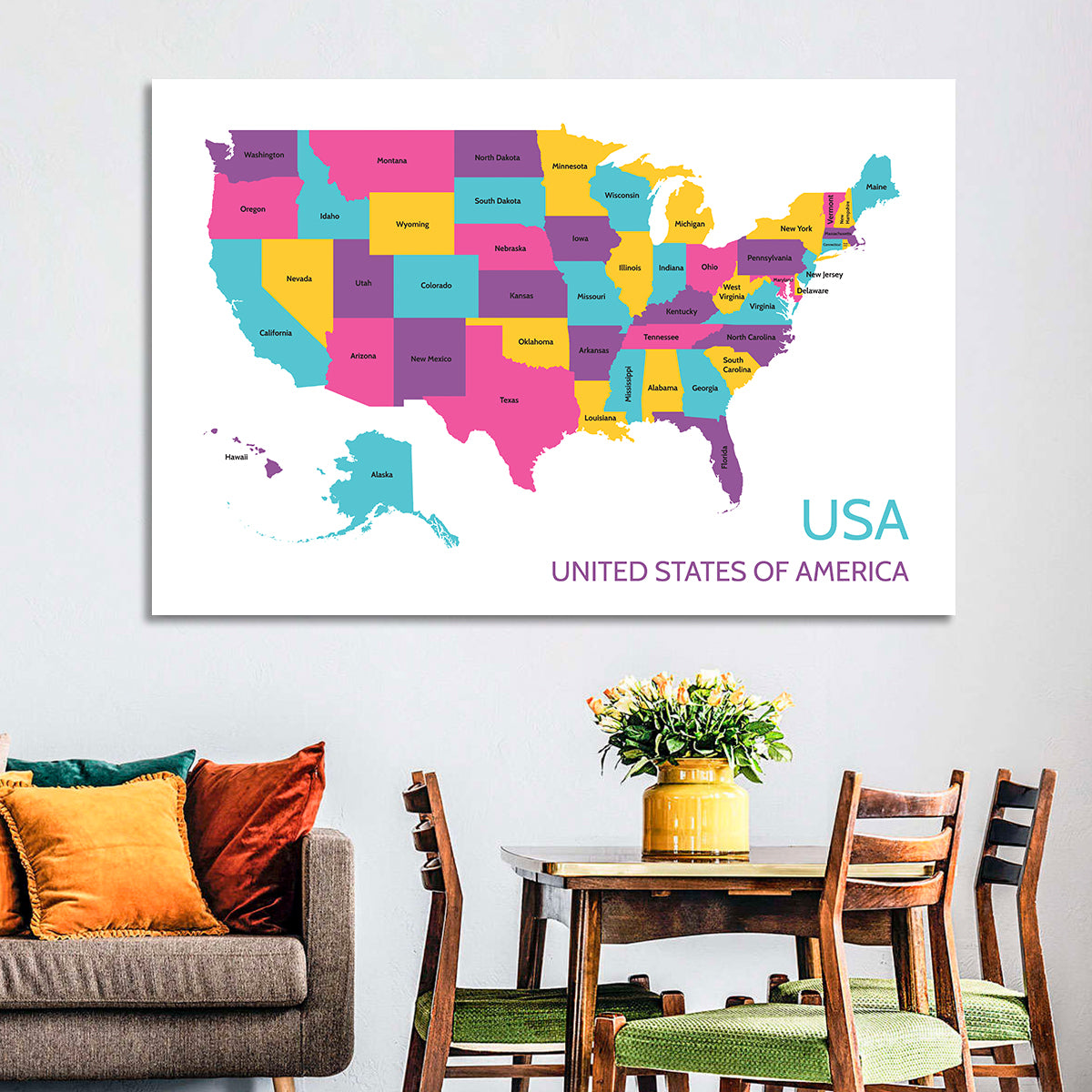 Detailed United States Map Wall Art in a room, landscape