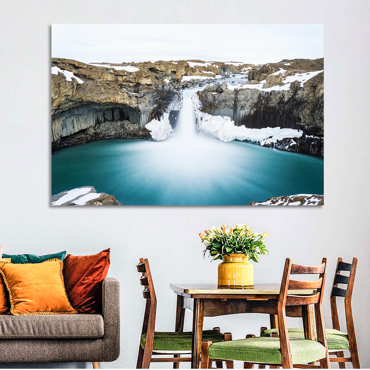 Aldeyjarfoss Basalt Waterfall Wall Art in a room, landscape