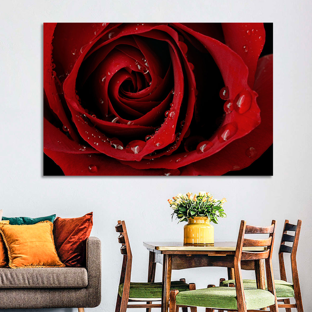 Red Rose with Dew Drops Wall Art in a room, landscape