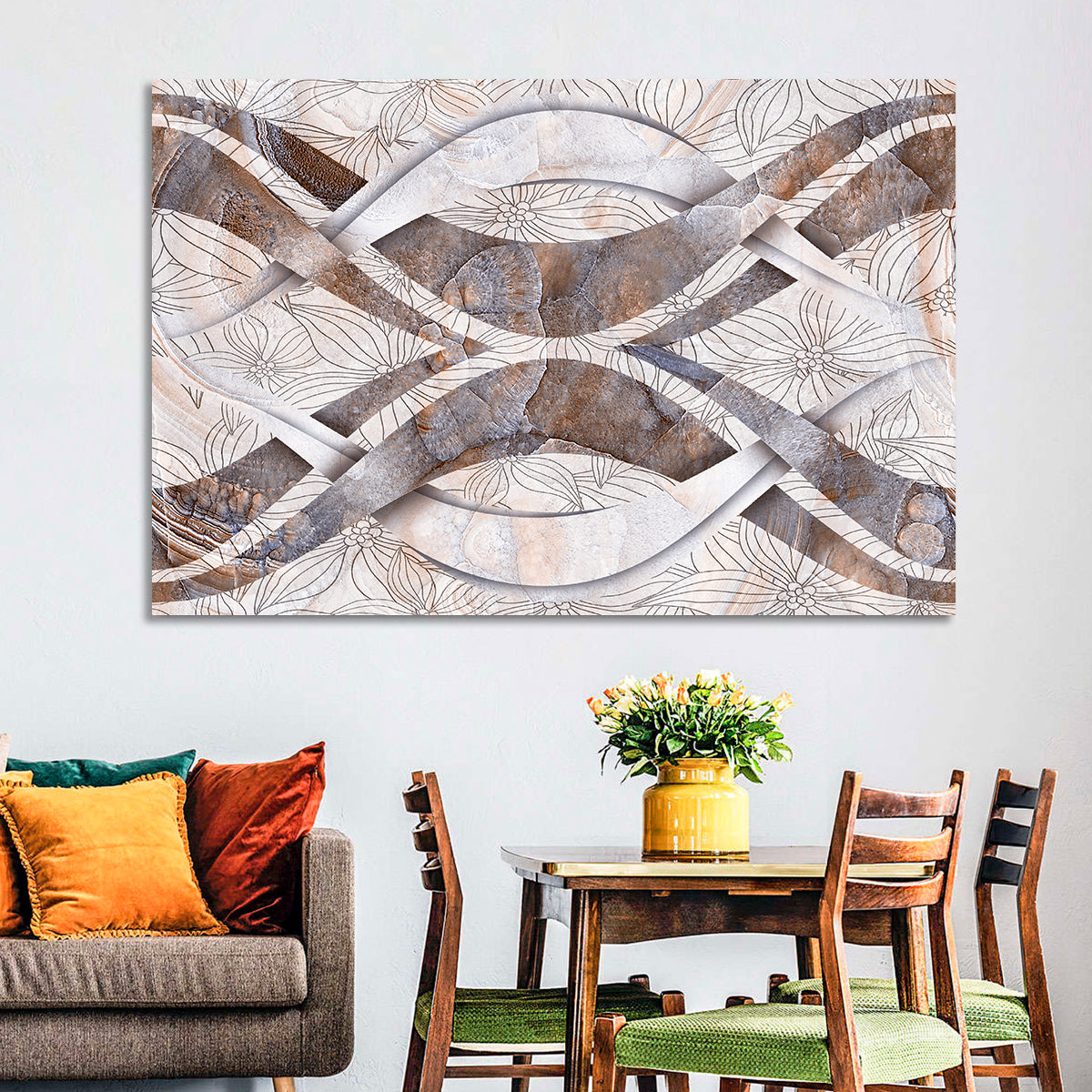 Waving Stone with Line Flowers Wall Art in a room, landscape
