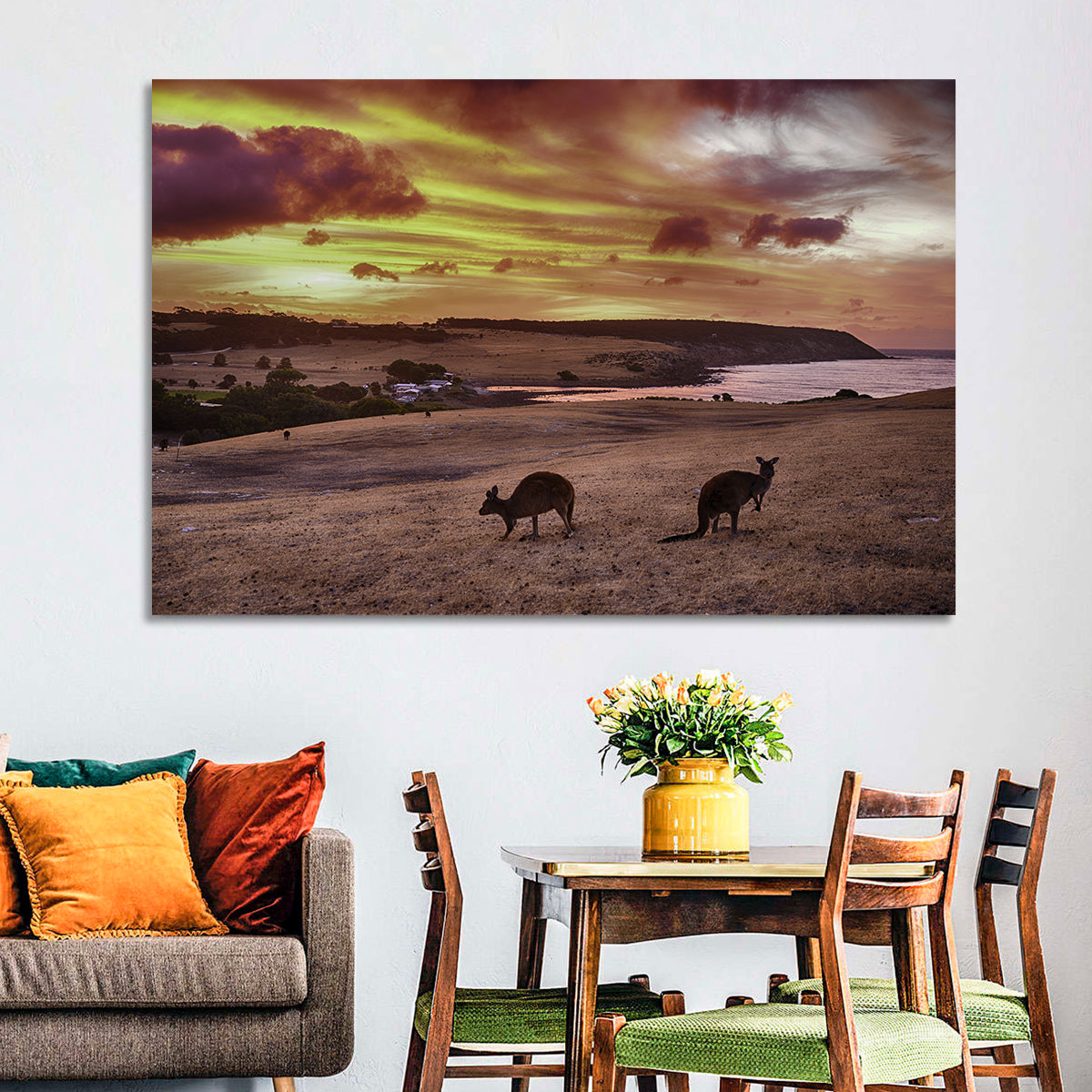 Two Kangaroos at Sunset Coast Wall Art in a room, landscape