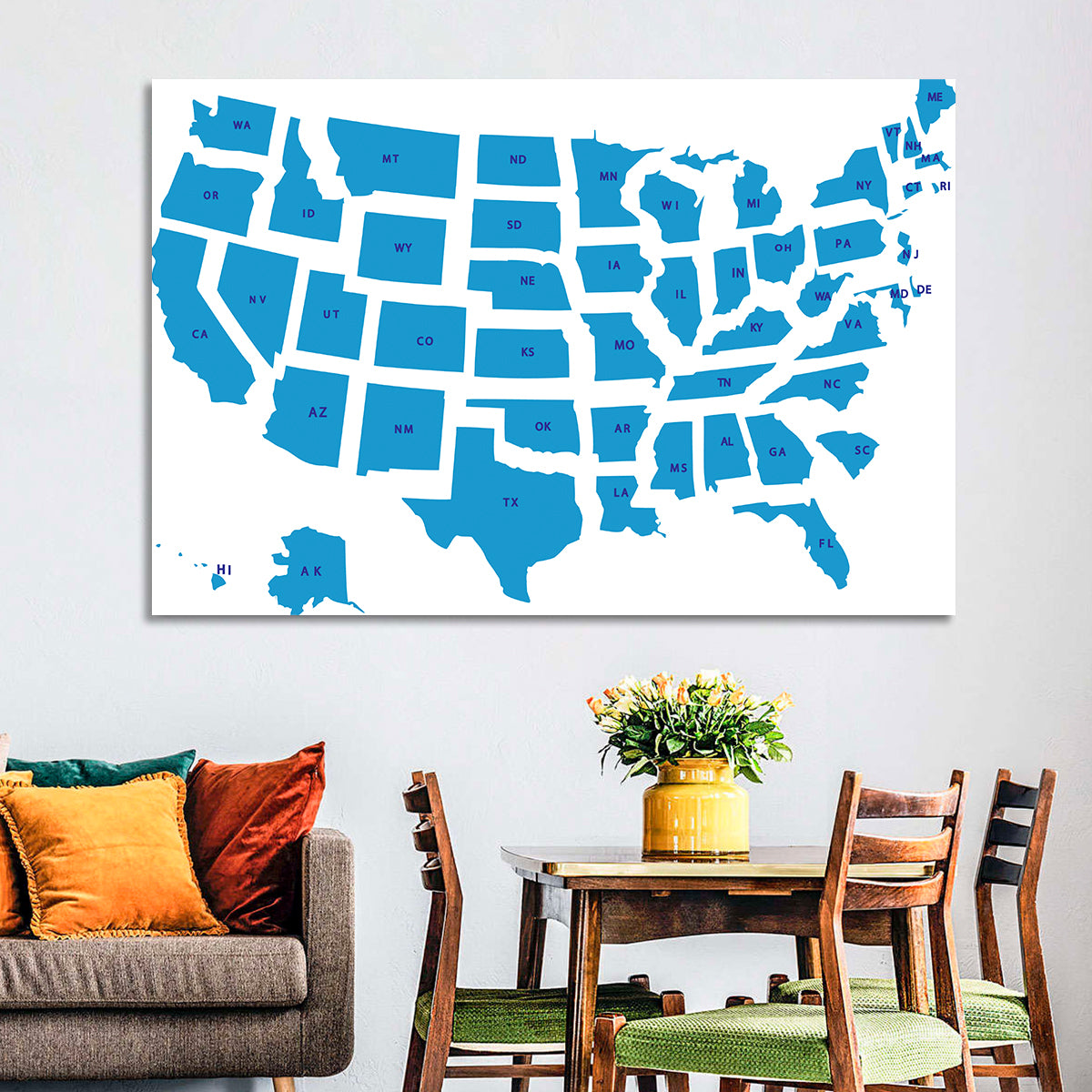 Blue Minimalist USA Map Wall Art in a room, landscape