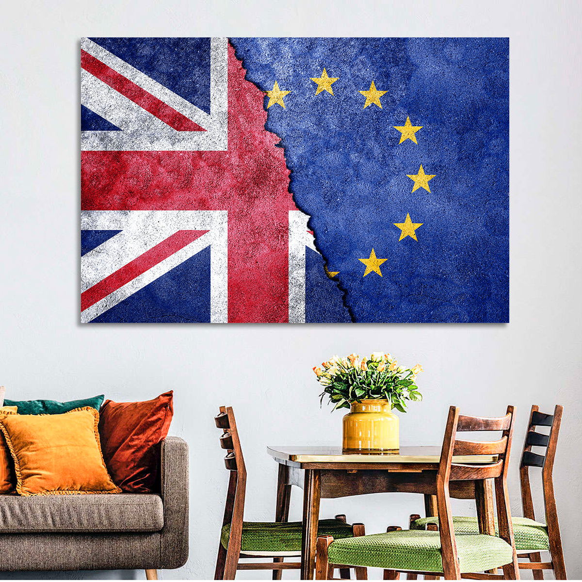 Divided Union Jack and Eu Flag Wall Art in a room, landscape