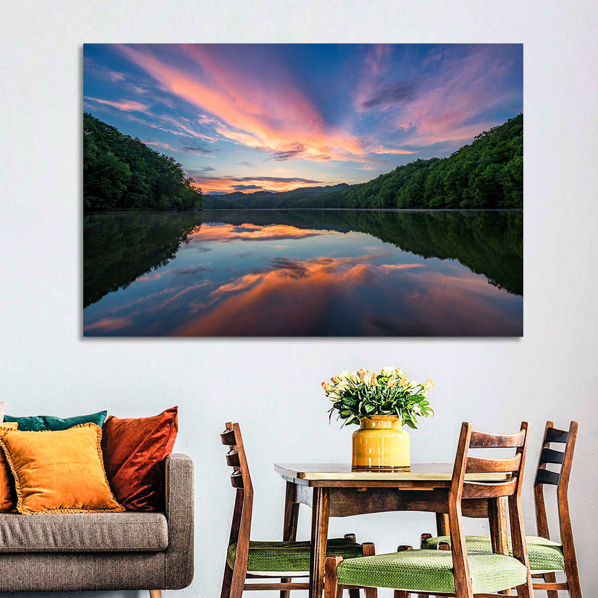 Appalachian Lake Sunset Wall Art in a room, landscape