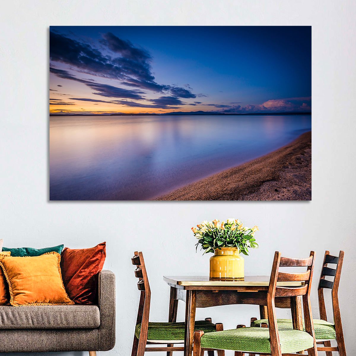 Lake Winnipesaukee Shoreline Sunset Wall Art in a room, landscape