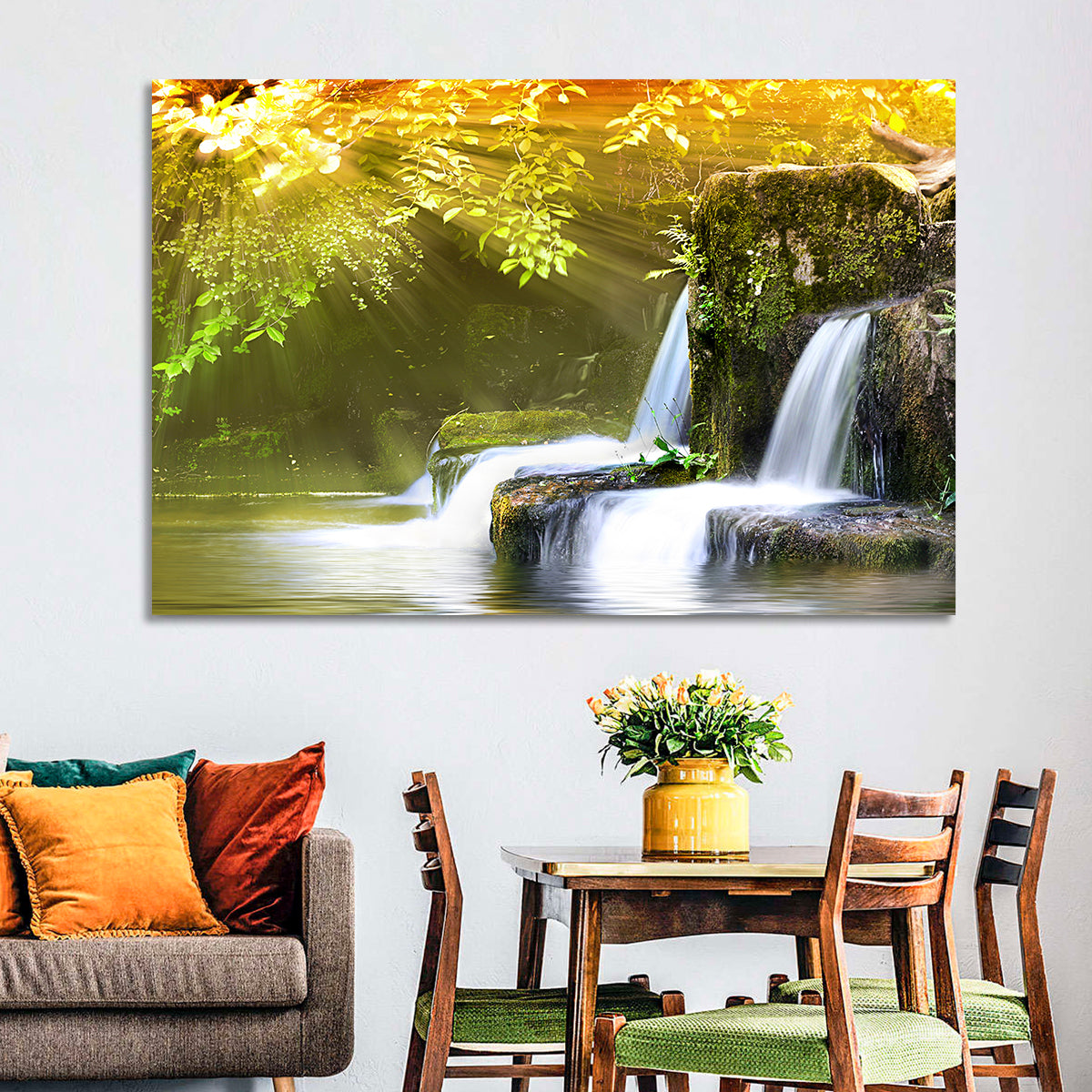 Sunlit Forest Waterfall Wall Art in a room, landscape