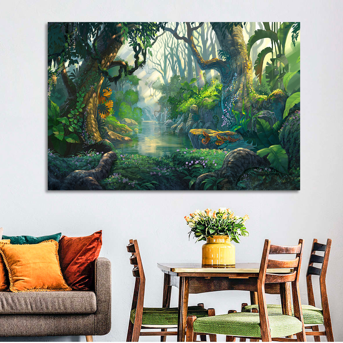 Sunlit Jungle River Wall Art in a room, landscape