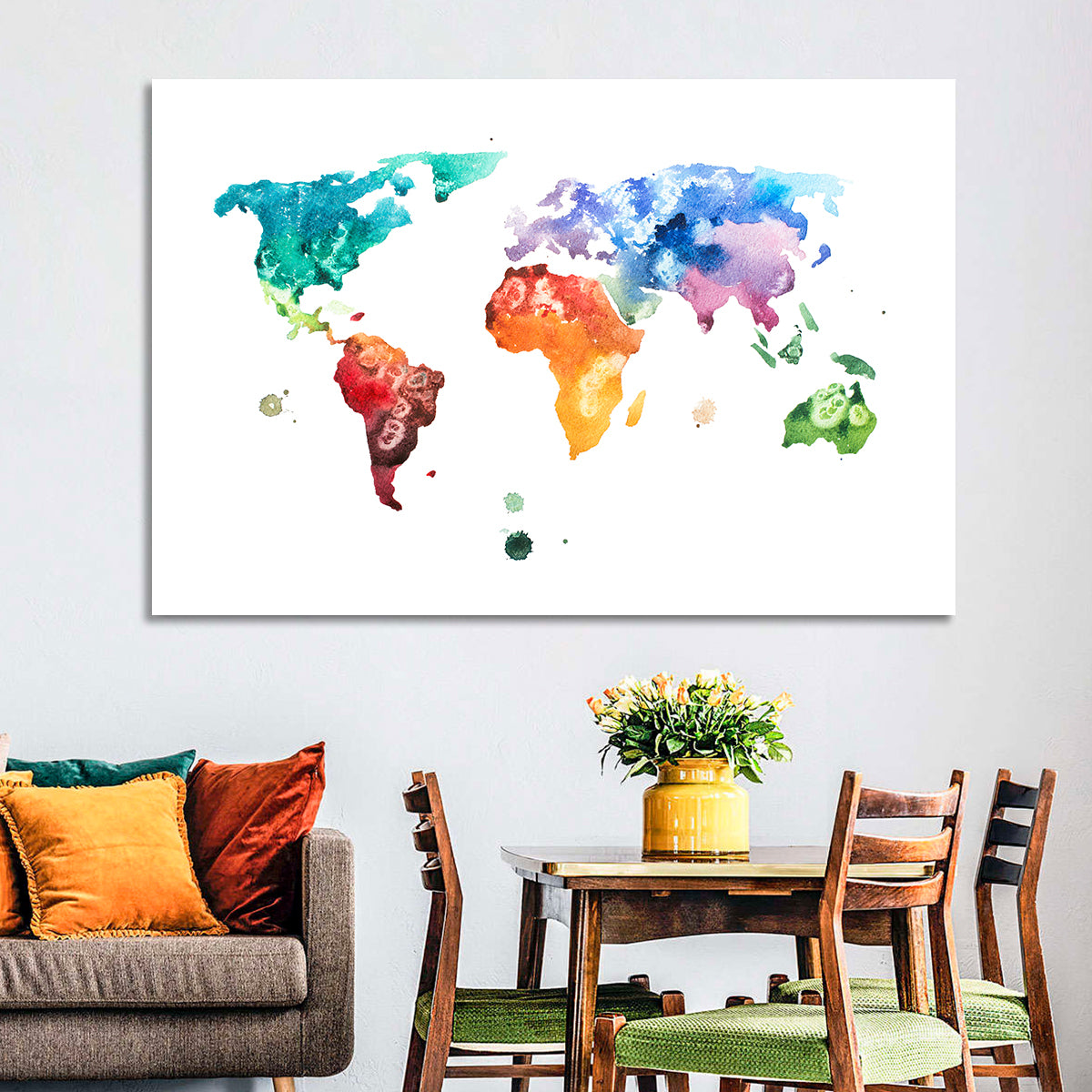 Multicolor Watercolor World Map Wall Art